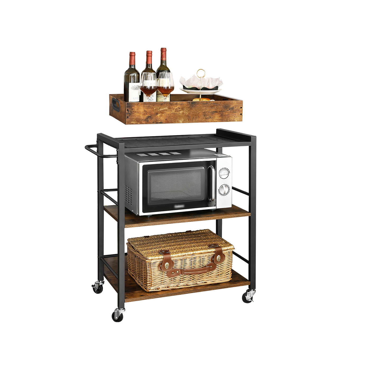 Kitchen Cart – Steel – Rustic Brown – With Removable Tray and Universal Castors