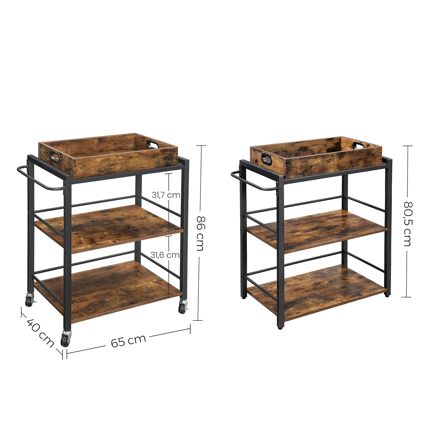 Kitchen Cart – Steel – Rustic Brown – With Removable Tray and Universal Castors
