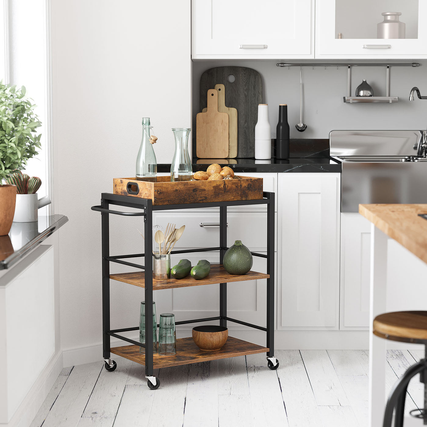 Kitchen Cart – Steel – Rustic Brown – With Removable Tray and Universal Castors