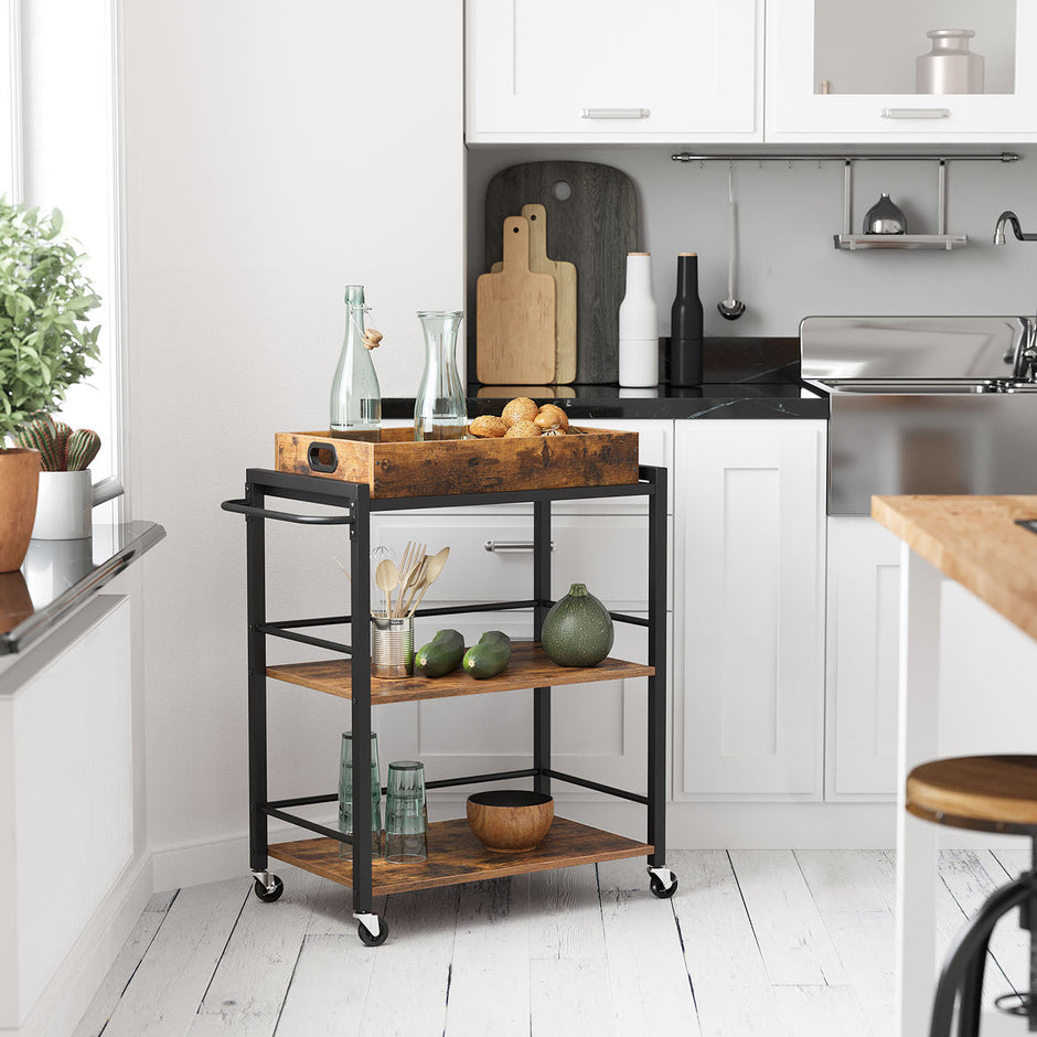 Kitchen Cart – Steel – Rustic Brown – With Removable Tray and Universal Castors