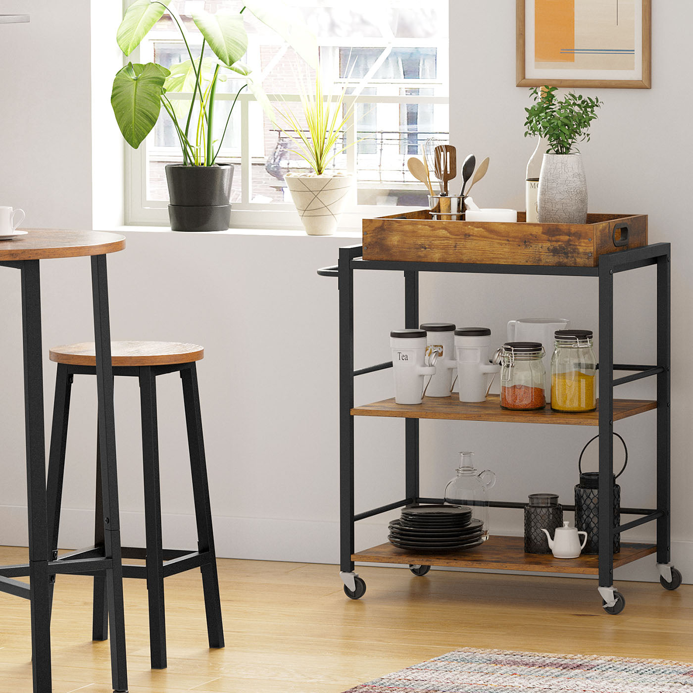 Kitchen Cart – Steel – Rustic Brown – With Removable Tray and Universal Castors