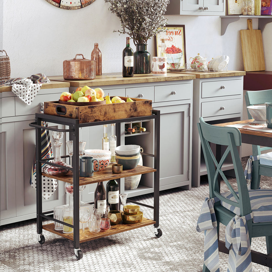 Kitchen Cart – Steel – Rustic Brown – With Removable Tray and Universal Castors