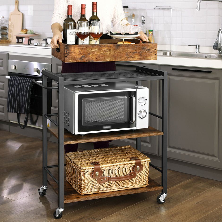 Kitchen Cart – Steel – Rustic Brown – With Removable Tray and Universal Castors