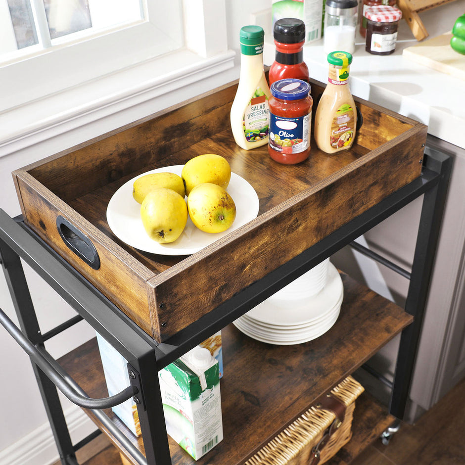 Kitchen Cart – Steel – Rustic Brown – With Removable Tray and Universal Castors