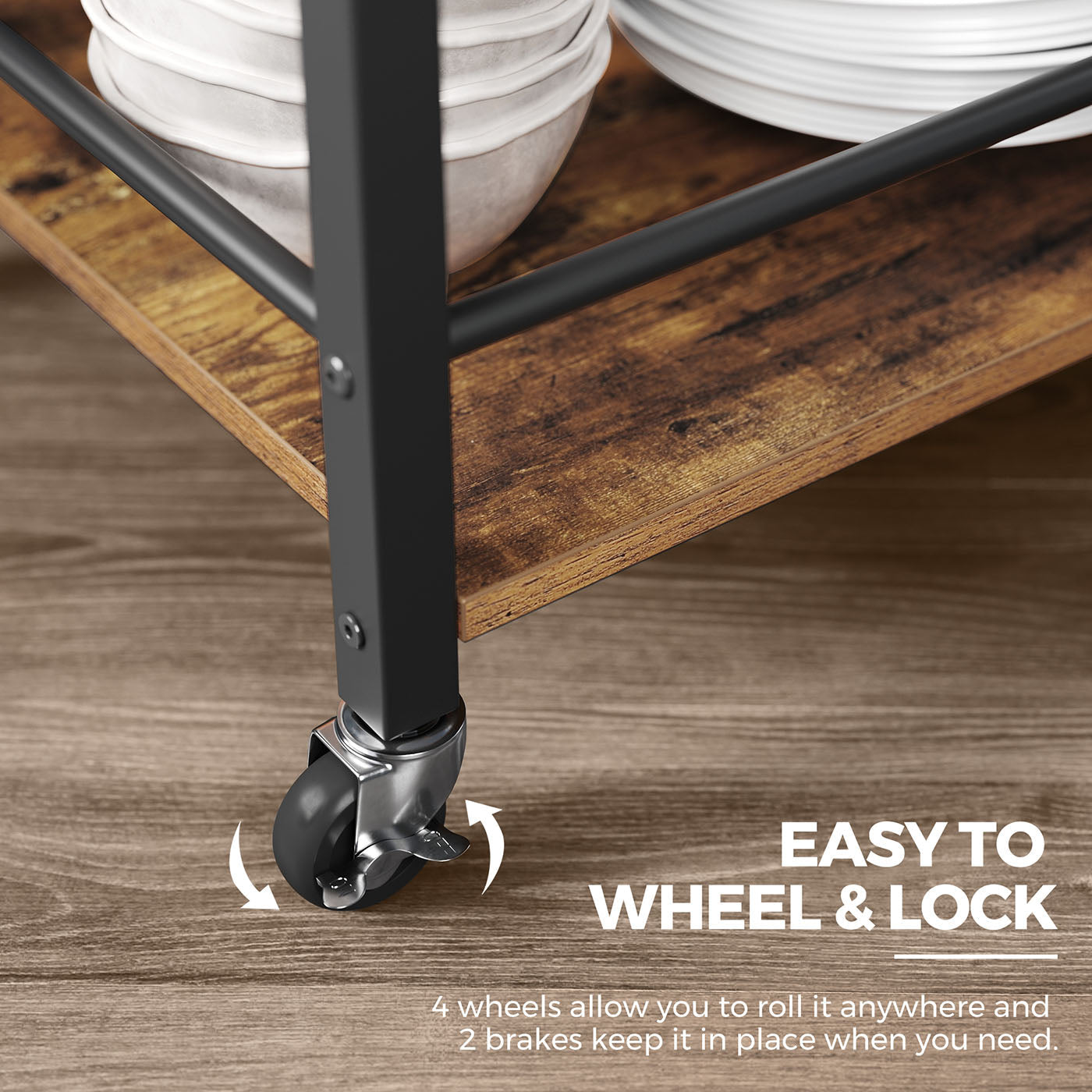 Kitchen Cart – Steel – Rustic Brown – With Removable Tray and Universal Castors