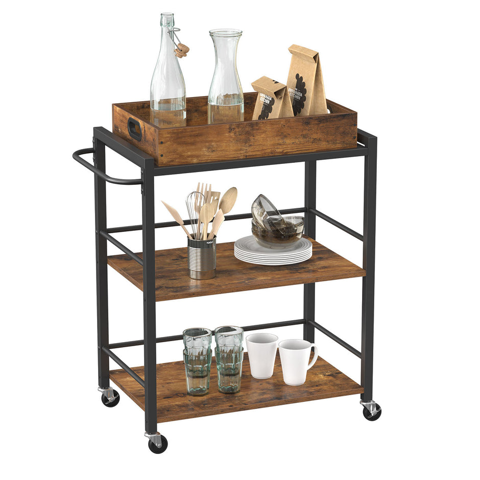 Kitchen Cart – Steel – Rustic Brown – With Removable Tray and Universal Castors
