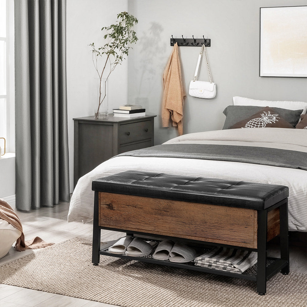 Shoe Storage Bench – Steel – Hazelnut Brown and Black – Padded Seat with Shoe Shelf, Industrial Style, 120 kg Capacity
