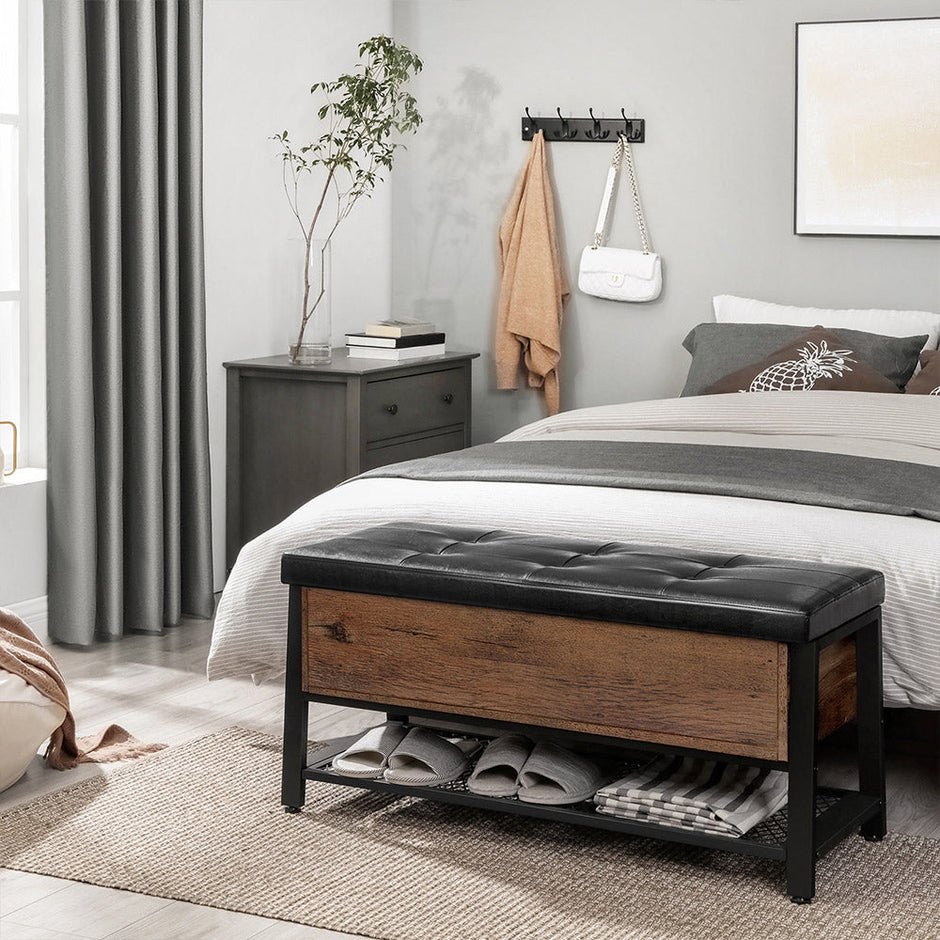 Shoe Storage Bench – Steel – Hazelnut Brown and Black – Padded Seat with Shoe Shelf, Industrial Style, 120 kg Capacity