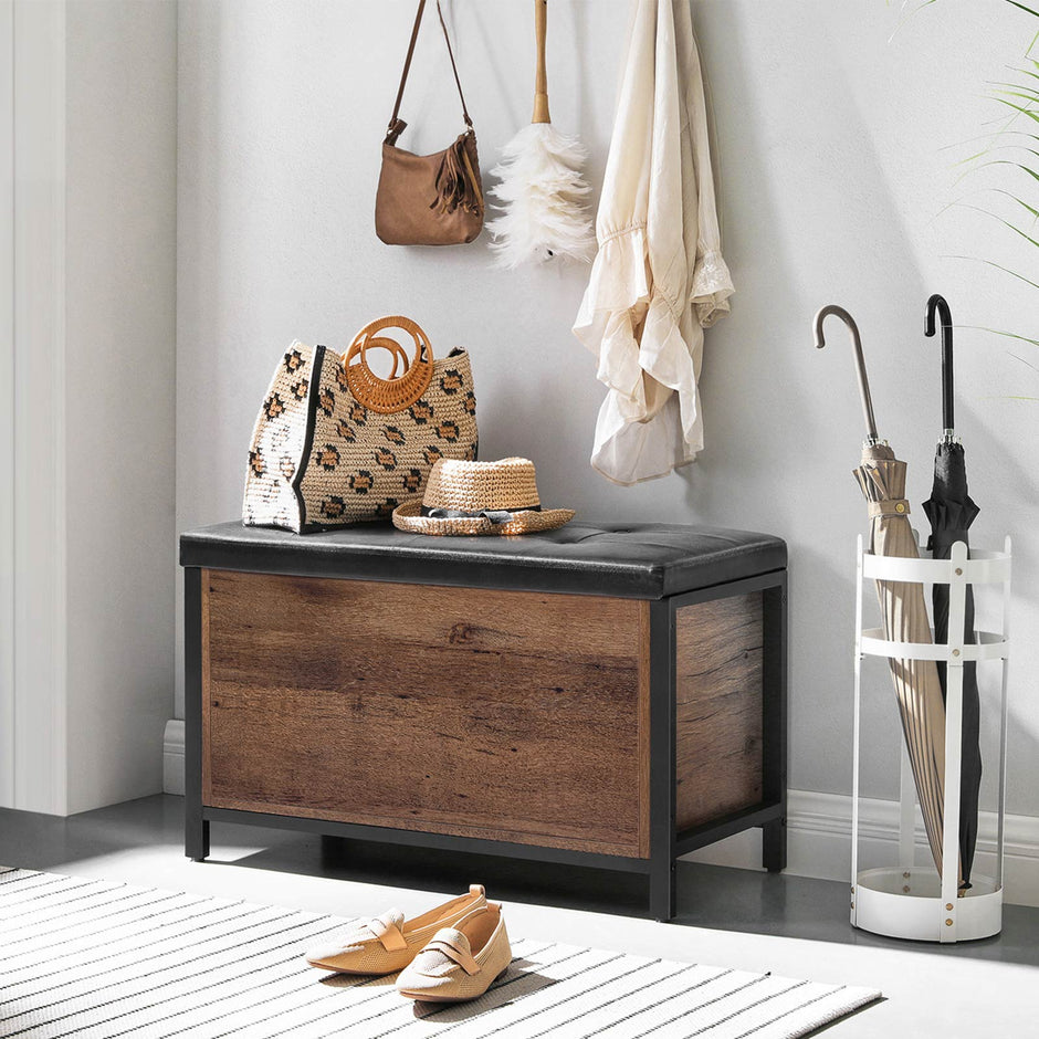 Storage Bench – Synthetic Leather and Metal – Black and Hazelnut Brown – Padded Seat and Industrial Design