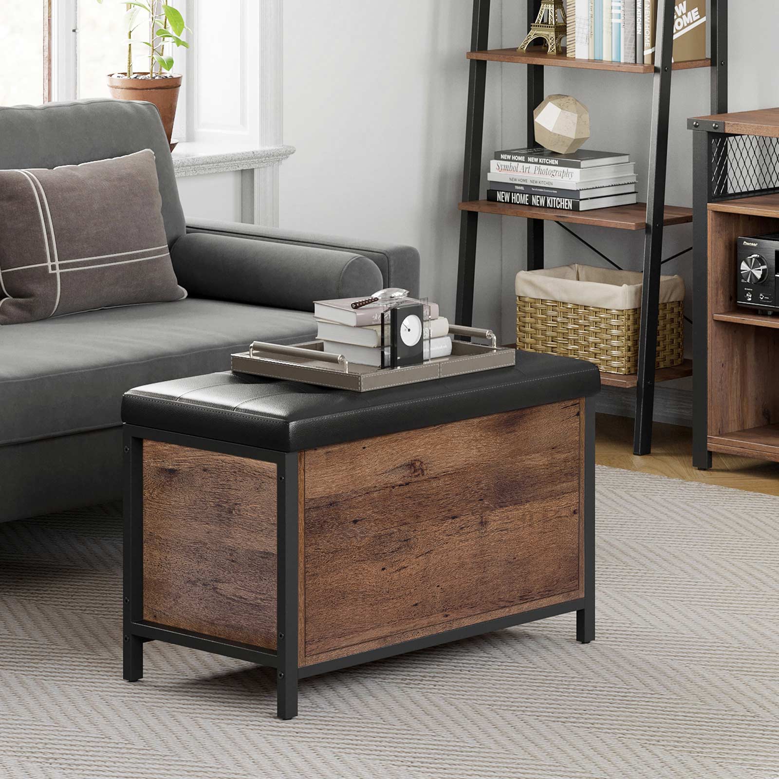 Storage Bench – Synthetic Leather and Metal – Black and Hazelnut Brown – Padded Seat and Industrial Design