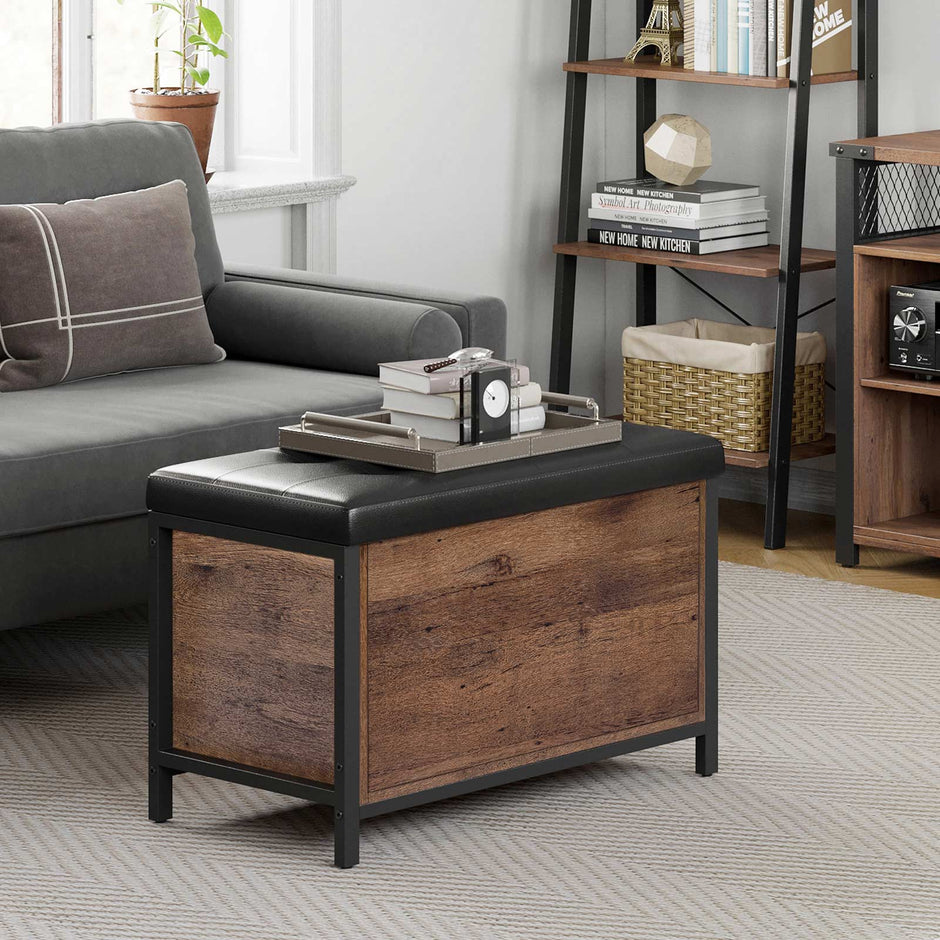 Storage Bench – Synthetic Leather and Metal – Black and Hazelnut Brown – Padded Seat and Industrial Design