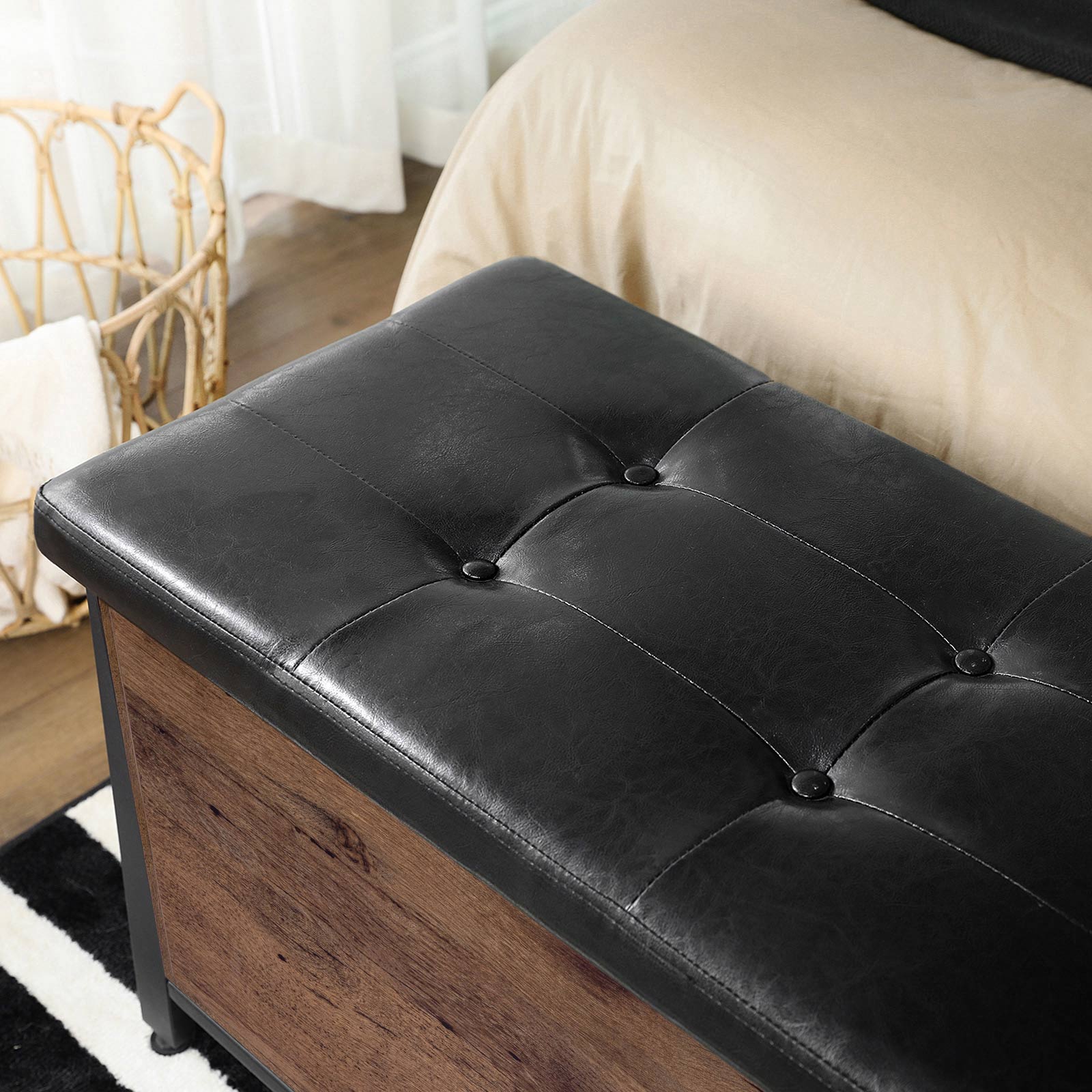 Storage Bench – Synthetic Leather and Metal – Black and Hazelnut Brown – Padded Seat and Industrial Design