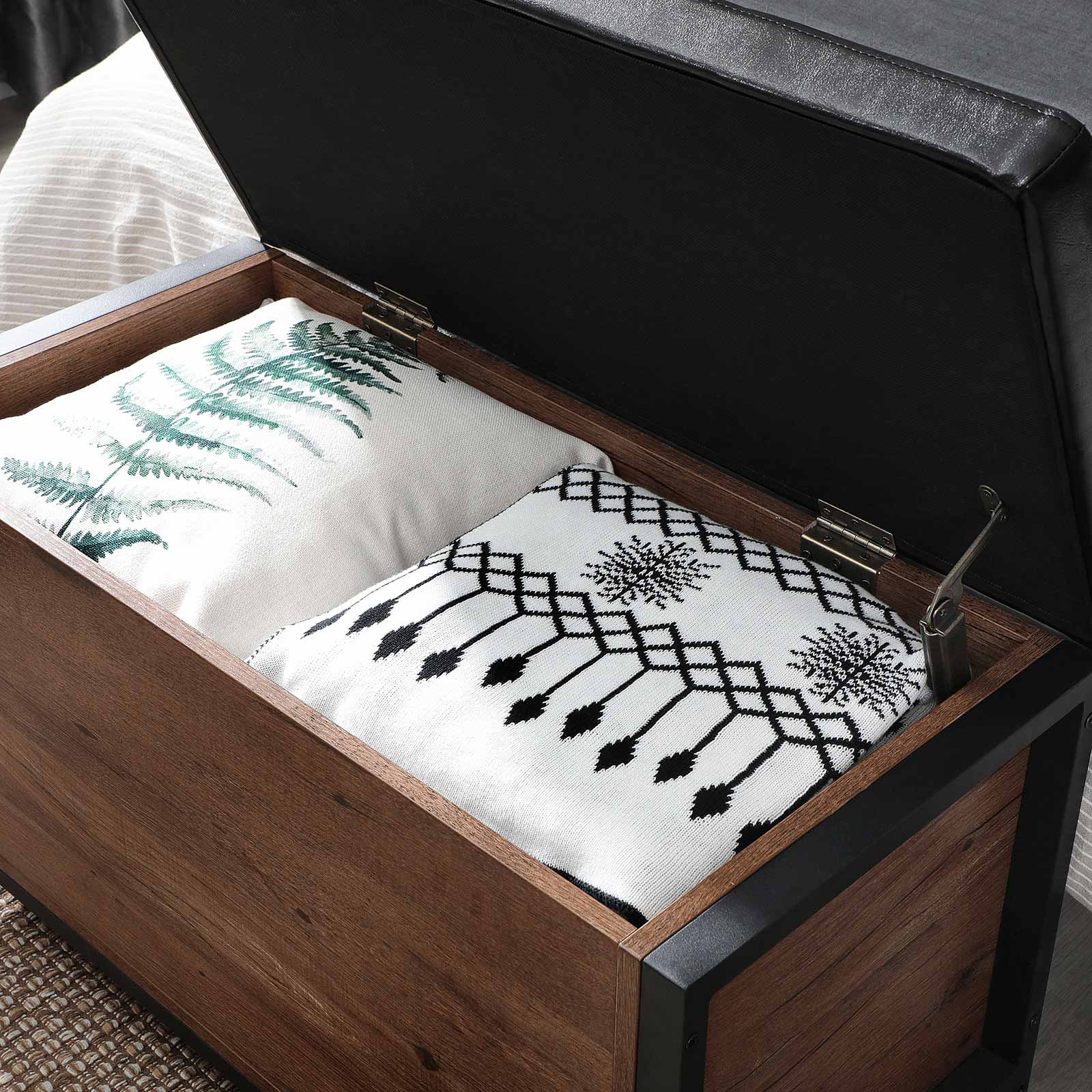 Storage Bench – Synthetic Leather and Metal – Black and Hazelnut Brown – Padded Seat and Industrial Design