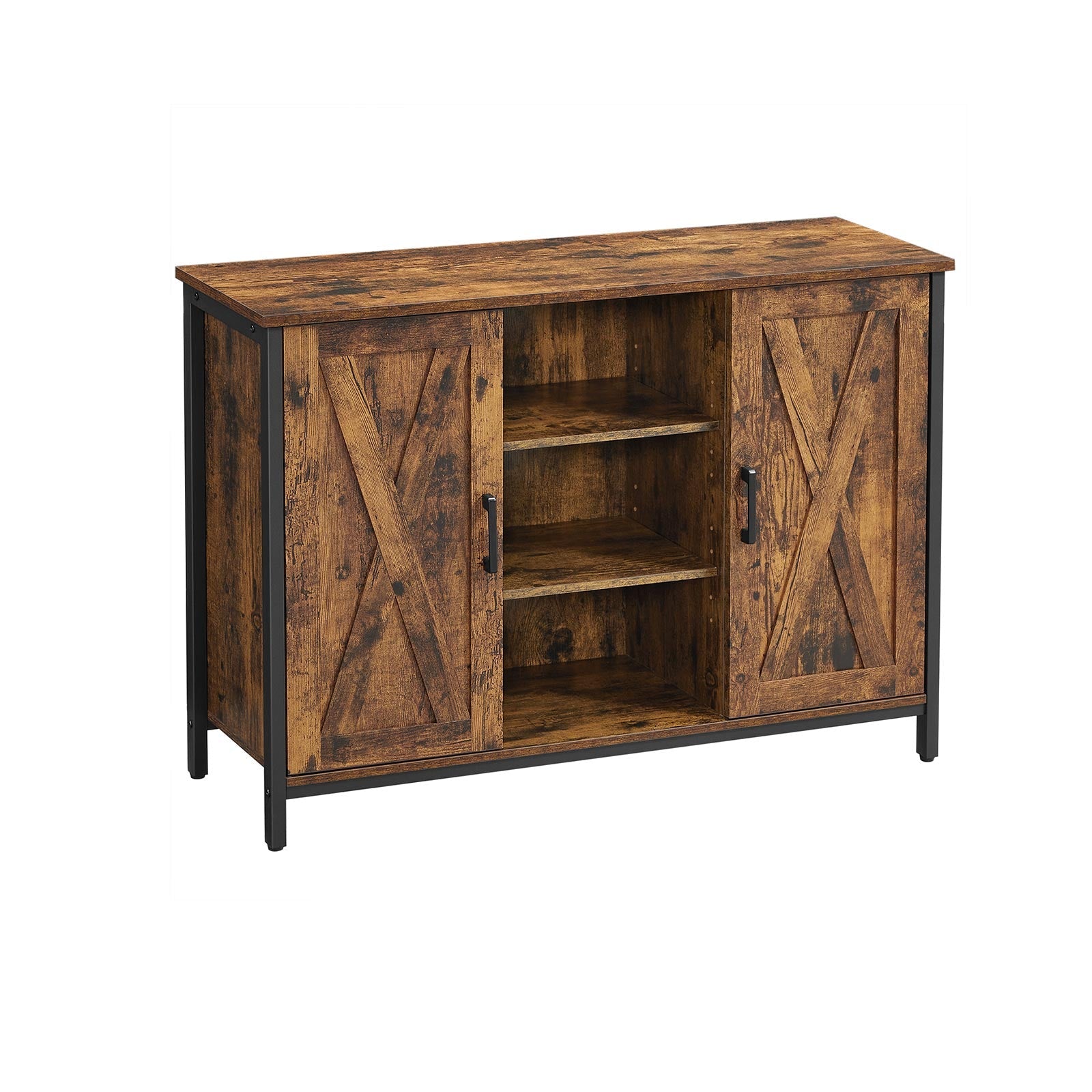 Storage Cabinet – Engineered Wood – Rustic Brown and Black – Barn Doors with Cupboard and Shelves
