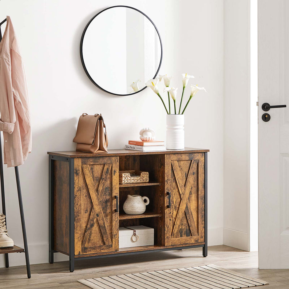 Storage Cabinet – Engineered Wood – Rustic Brown and Black – Barn Doors with Cupboard and Shelves