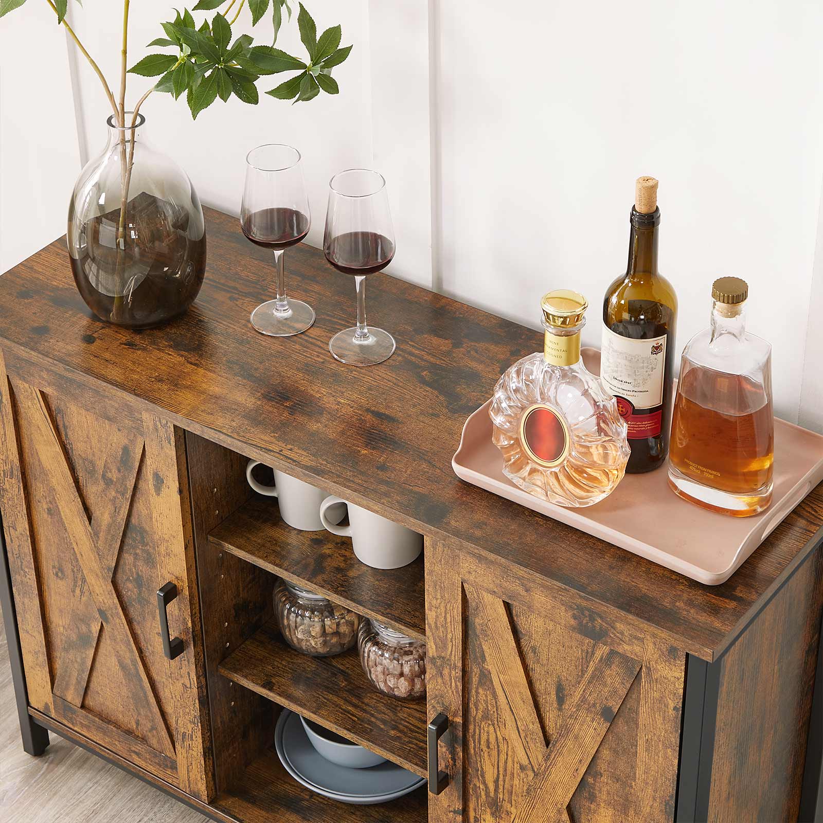 Storage Cabinet – Engineered Wood – Rustic Brown and Black – Barn Doors with Cupboard and Shelves