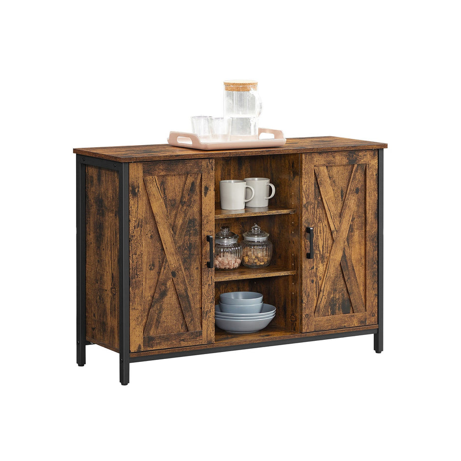 Storage Cabinet – Engineered Wood – Rustic Brown and Black – Barn Doors with Cupboard and Shelves