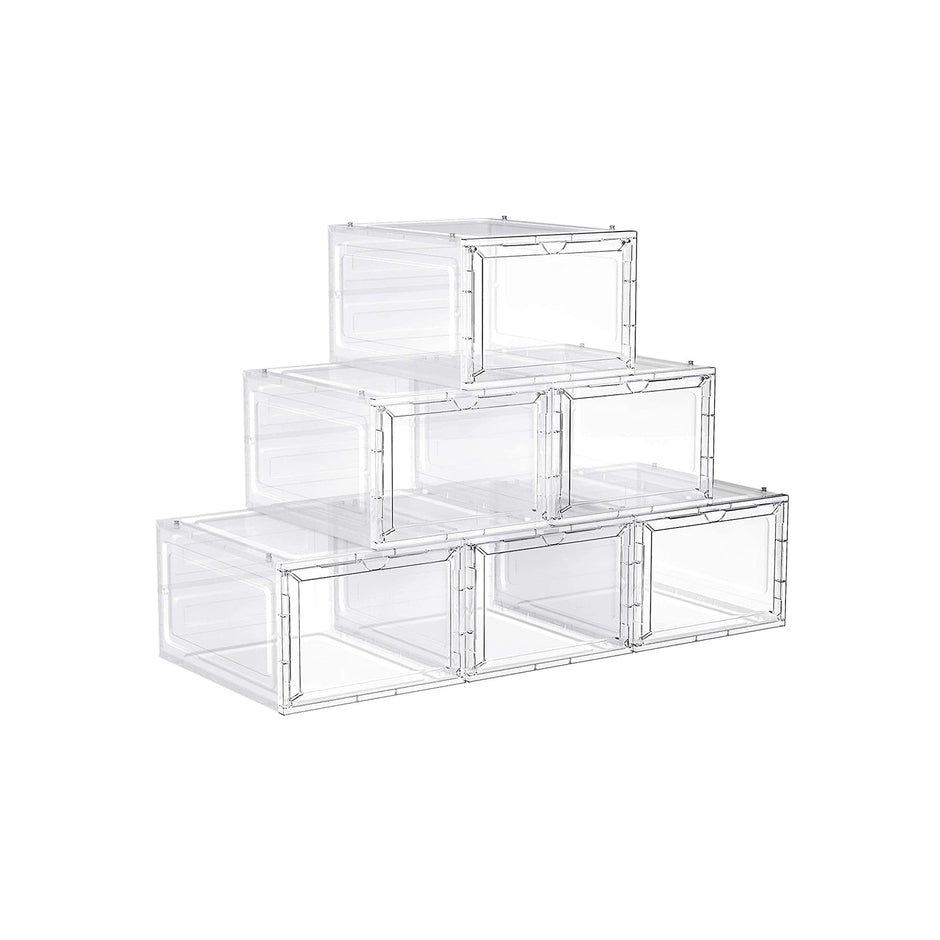 Stackable Shoe Storage Boxes – Plastic – Ink Black – Set of 6 with Clear Doors