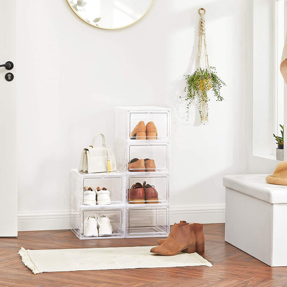 Shoe Storage Organisers – Plastic – White – Stackable with Clear Doors, Set of 6