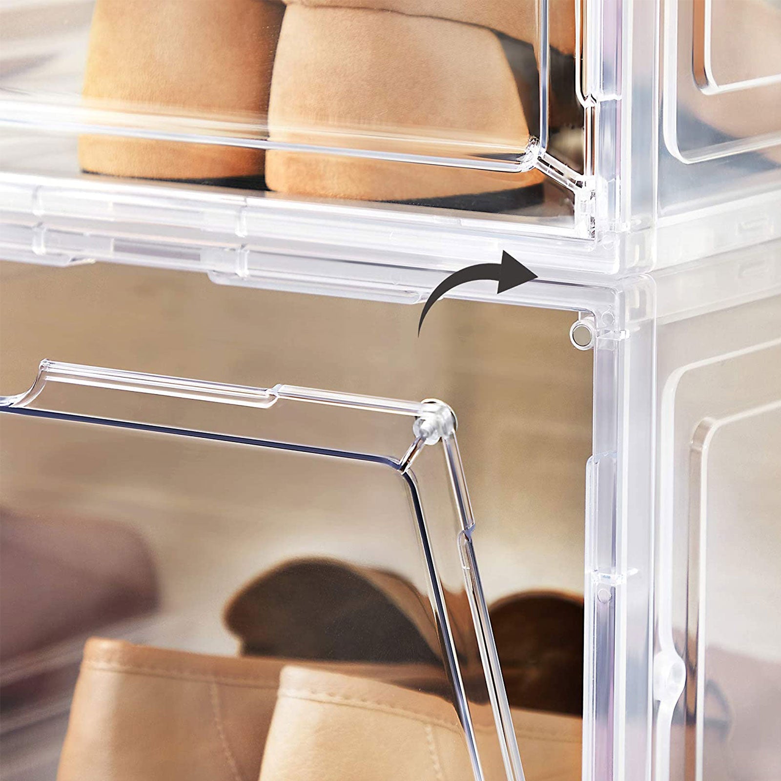 Shoe Storage Organisers – Plastic – White – Stackable with Clear Doors, Set of 6
