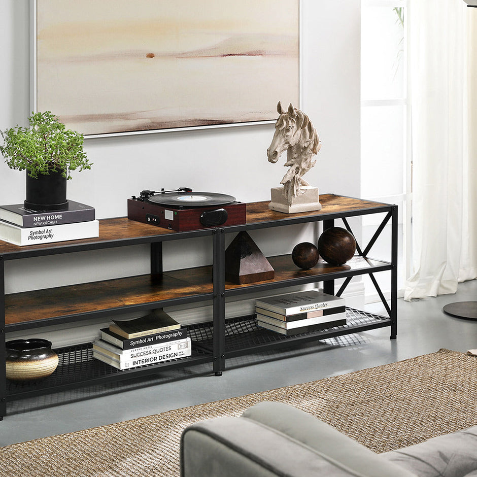 TV Stand – Steel – Rustic Brown and Black – 3-Tier Industrial Style