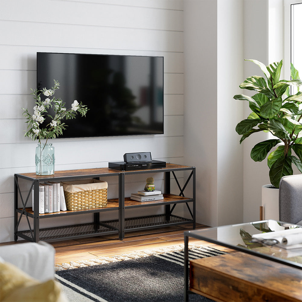 TV Stand – Steel – Rustic Brown and Black – 3-Tier Industrial Style