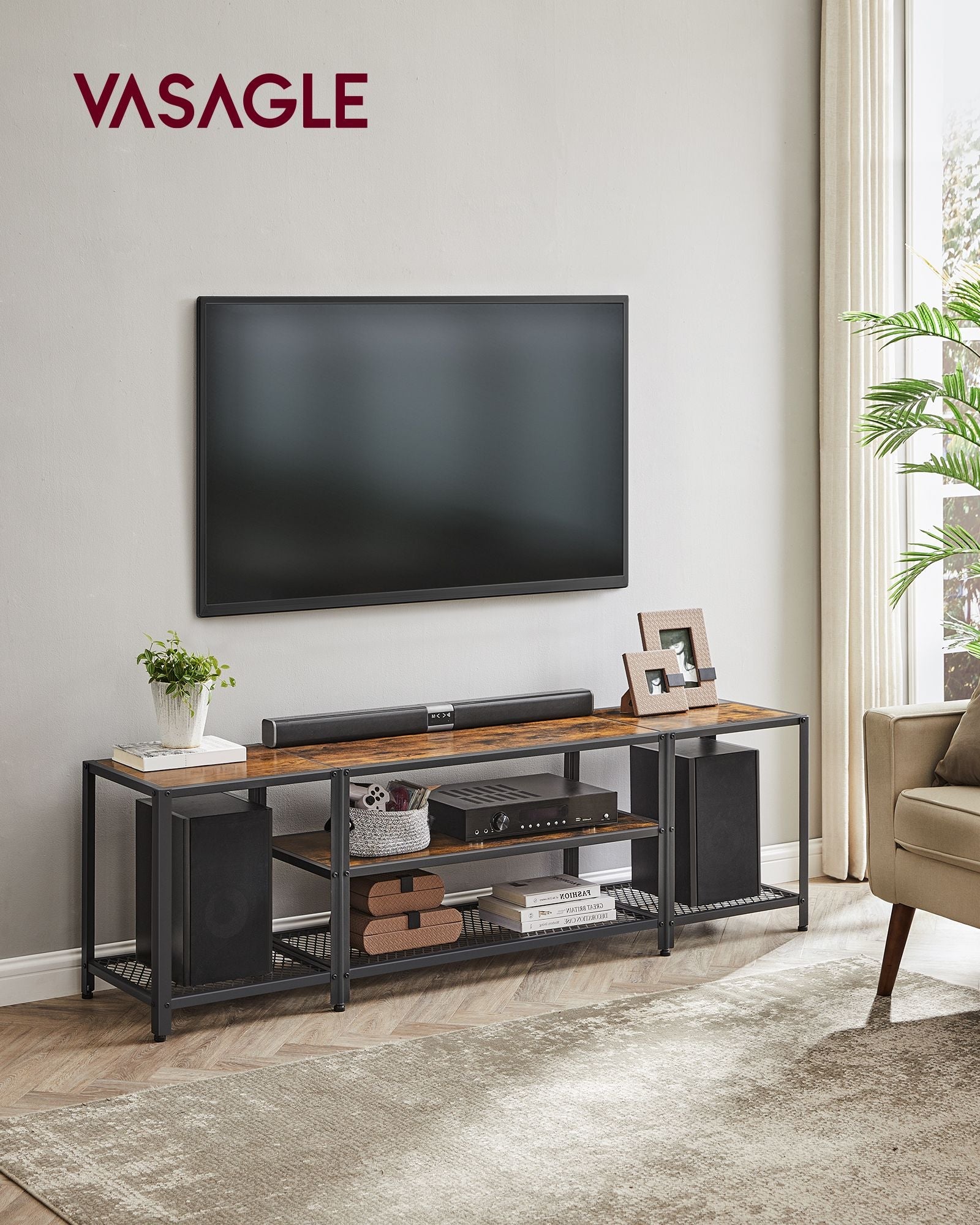 3-Tier TV Cabinet – Wood – Industrial Style – Open Shelves for TVs up to 75 Inches