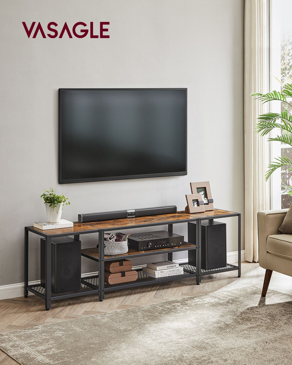 3-Tier TV Cabinet – Wood – Industrial Style – Open Shelves for TVs up to 75 Inches