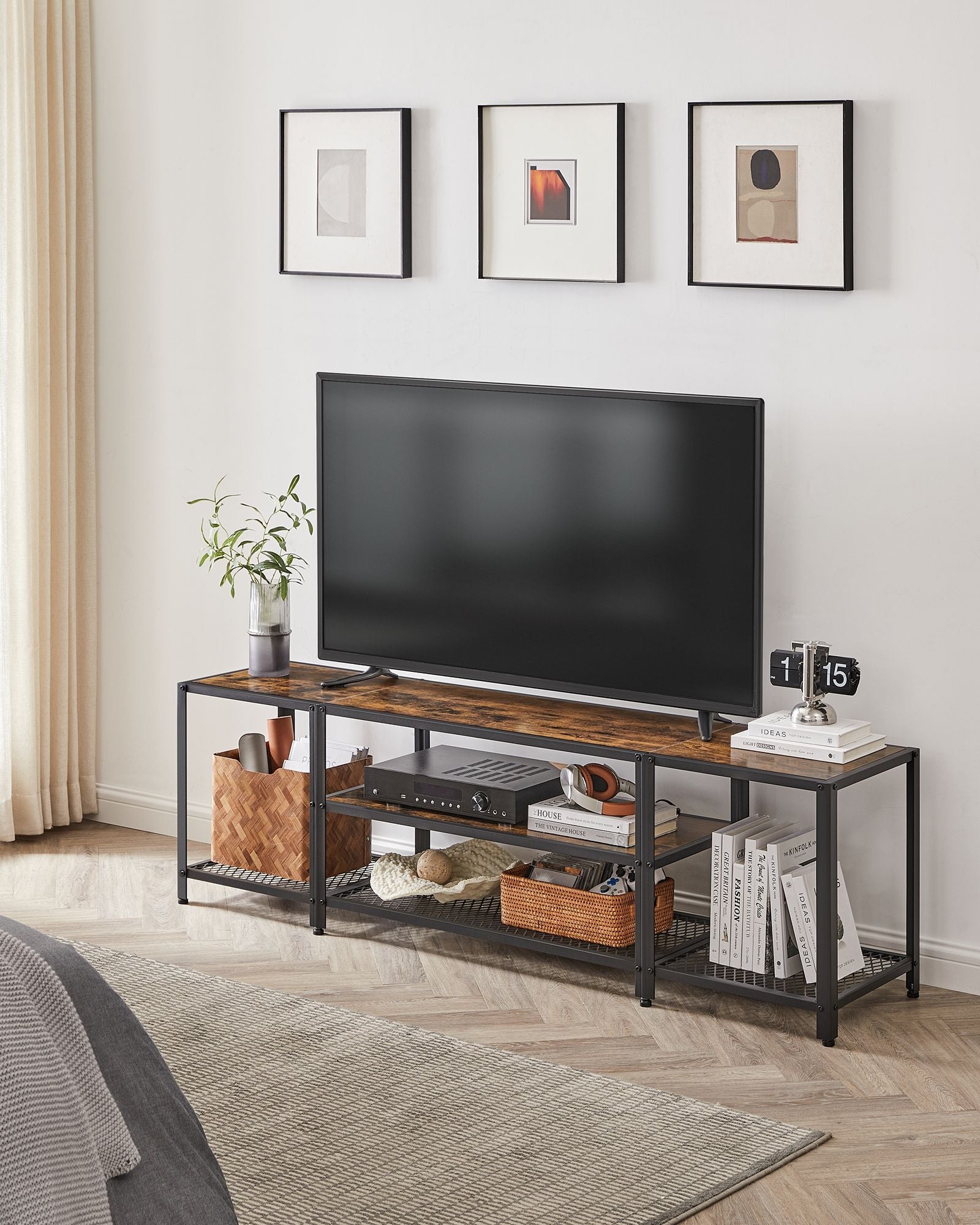 3-Tier TV Cabinet – Wood – Industrial Style – Open Shelves for TVs up to 75 Inches