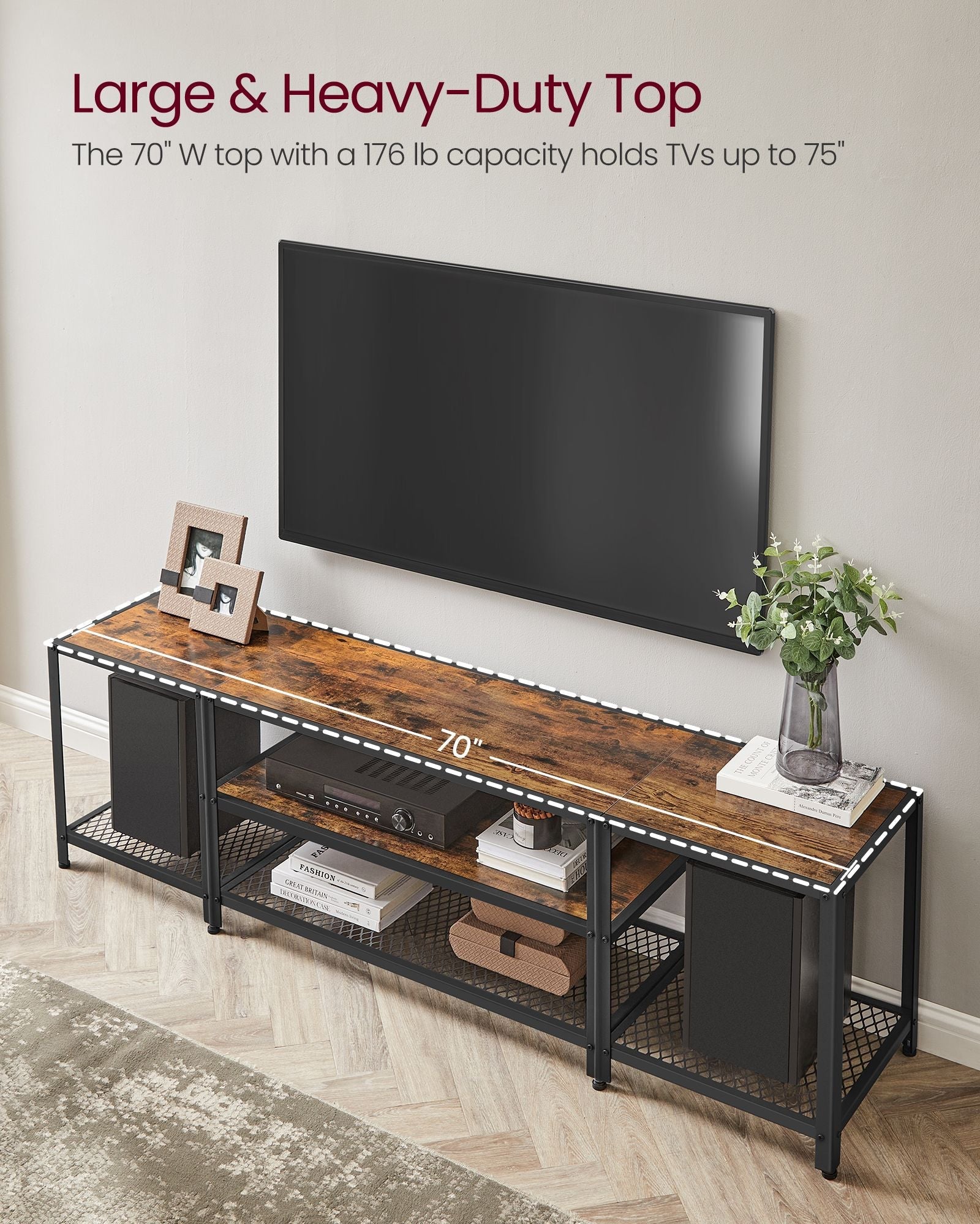 3-Tier TV Cabinet – Wood – Industrial Style – Open Shelves for TVs up to 75 Inches