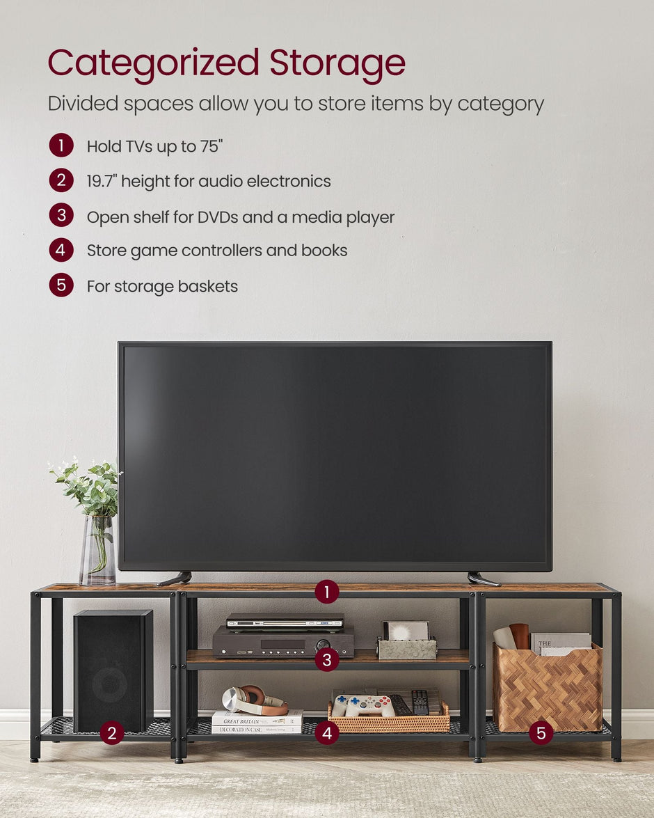 3-Tier TV Cabinet – Wood – Industrial Style – Open Shelves for TVs up to 75 Inches