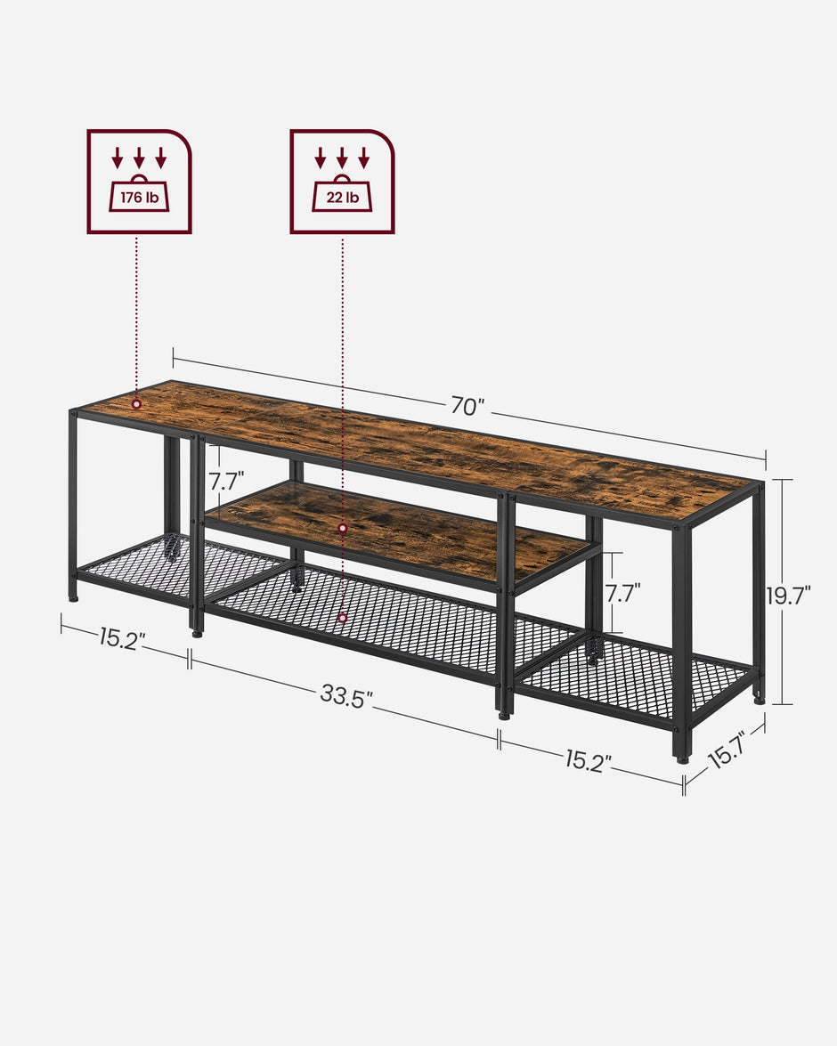 3-Tier TV Cabinet – Wood – Industrial Style – Open Shelves for TVs up to 75 Inches