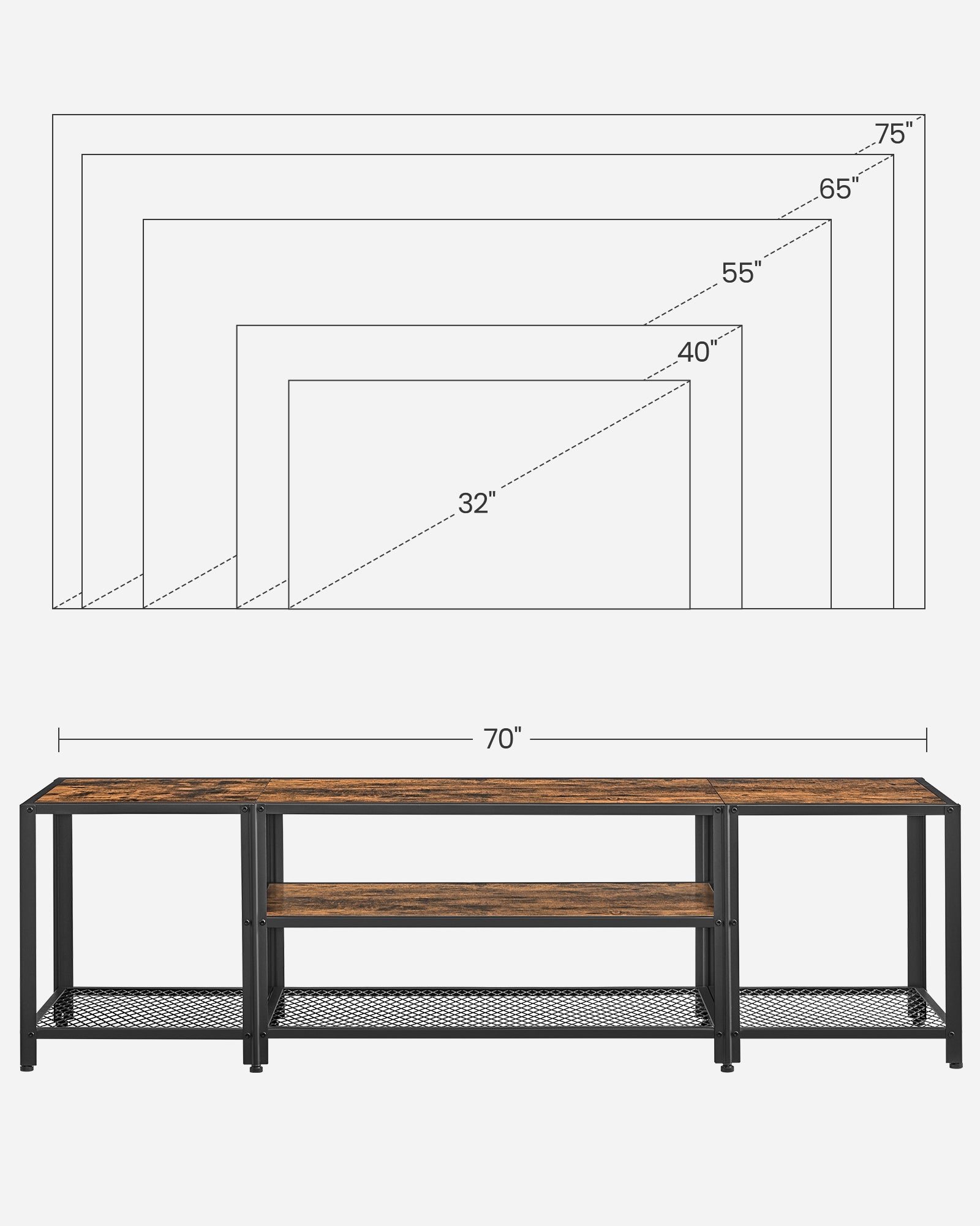 3-Tier TV Cabinet – Wood – Industrial Style – Open Shelves for TVs up to 75 Inches