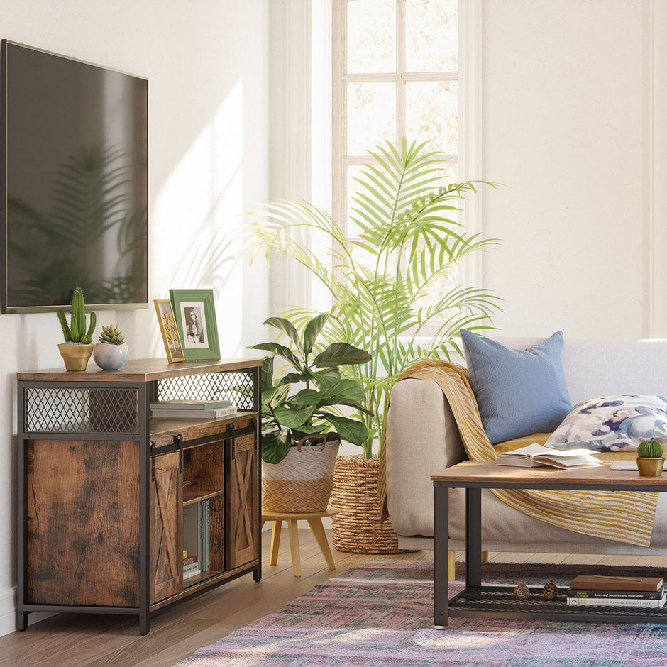 TV Stand – Rustic Brown and Black – Sliding Barn Doors – Adjustable Shelves