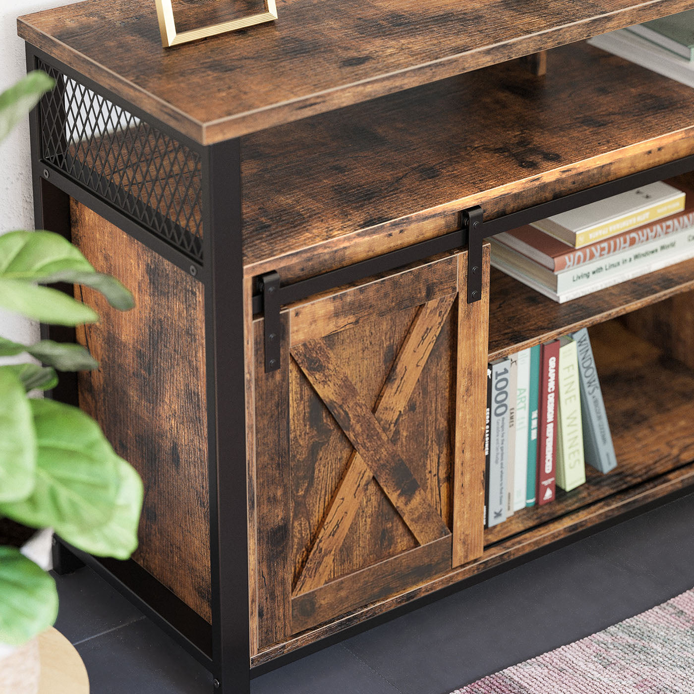 TV Stand – Rustic Brown and Black – Sliding Barn Doors – Adjustable Shelves
