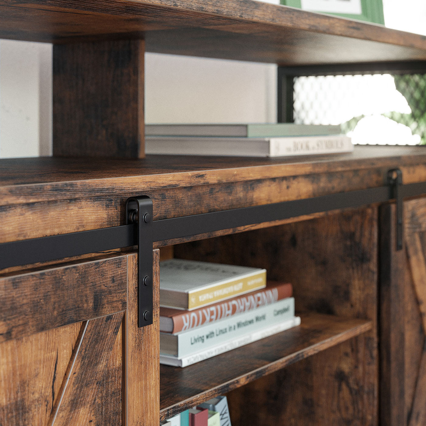 TV Stand – Rustic Brown and Black – Sliding Barn Doors – Adjustable Shelves