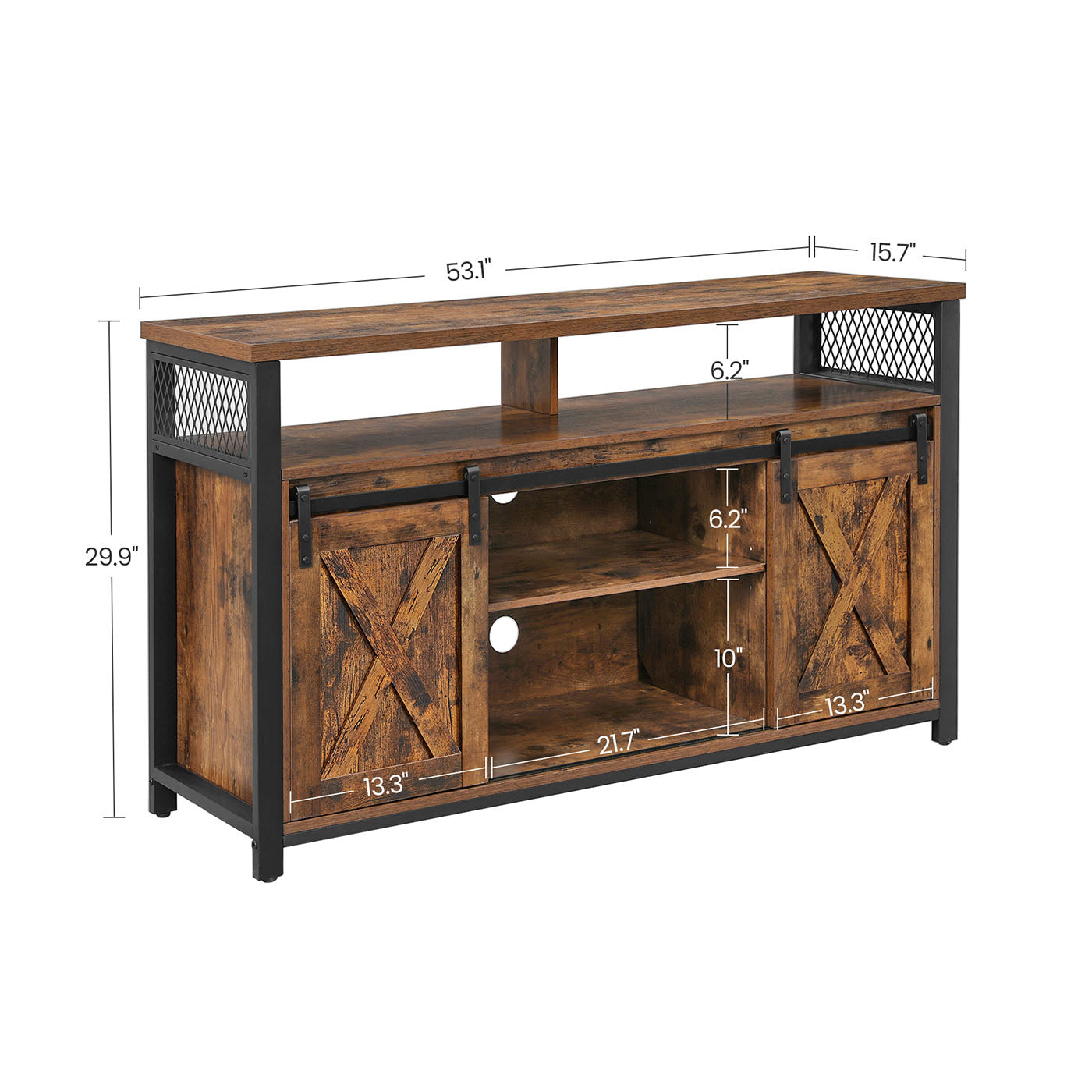 TV Stand – Rustic Brown and Black – Sliding Barn Doors – Adjustable Shelves