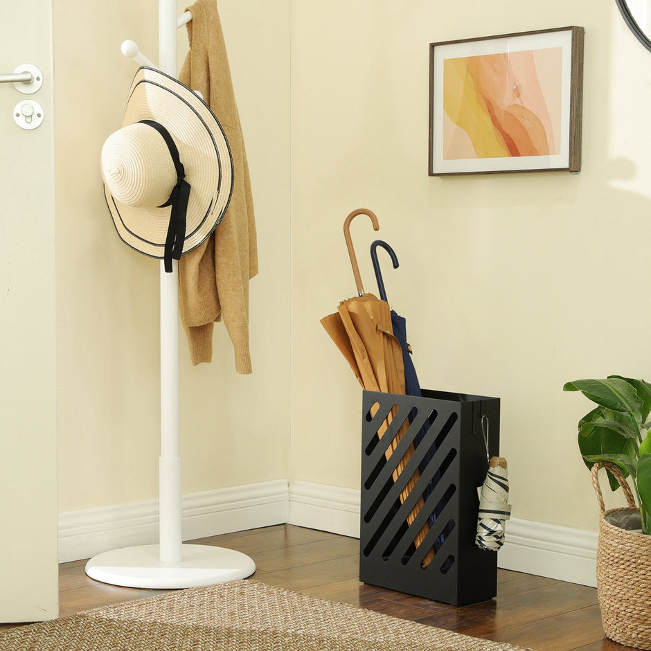 Umbrella Holder – Steel – Black – Hollow-Out Design with Hooks and Water Tray