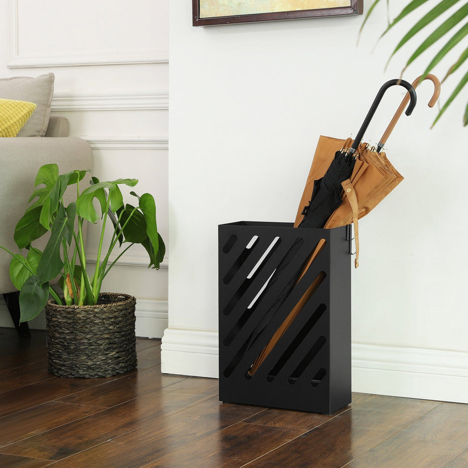 Umbrella Holder – Steel – Black – Hollow-Out Design with Hooks and Water Tray