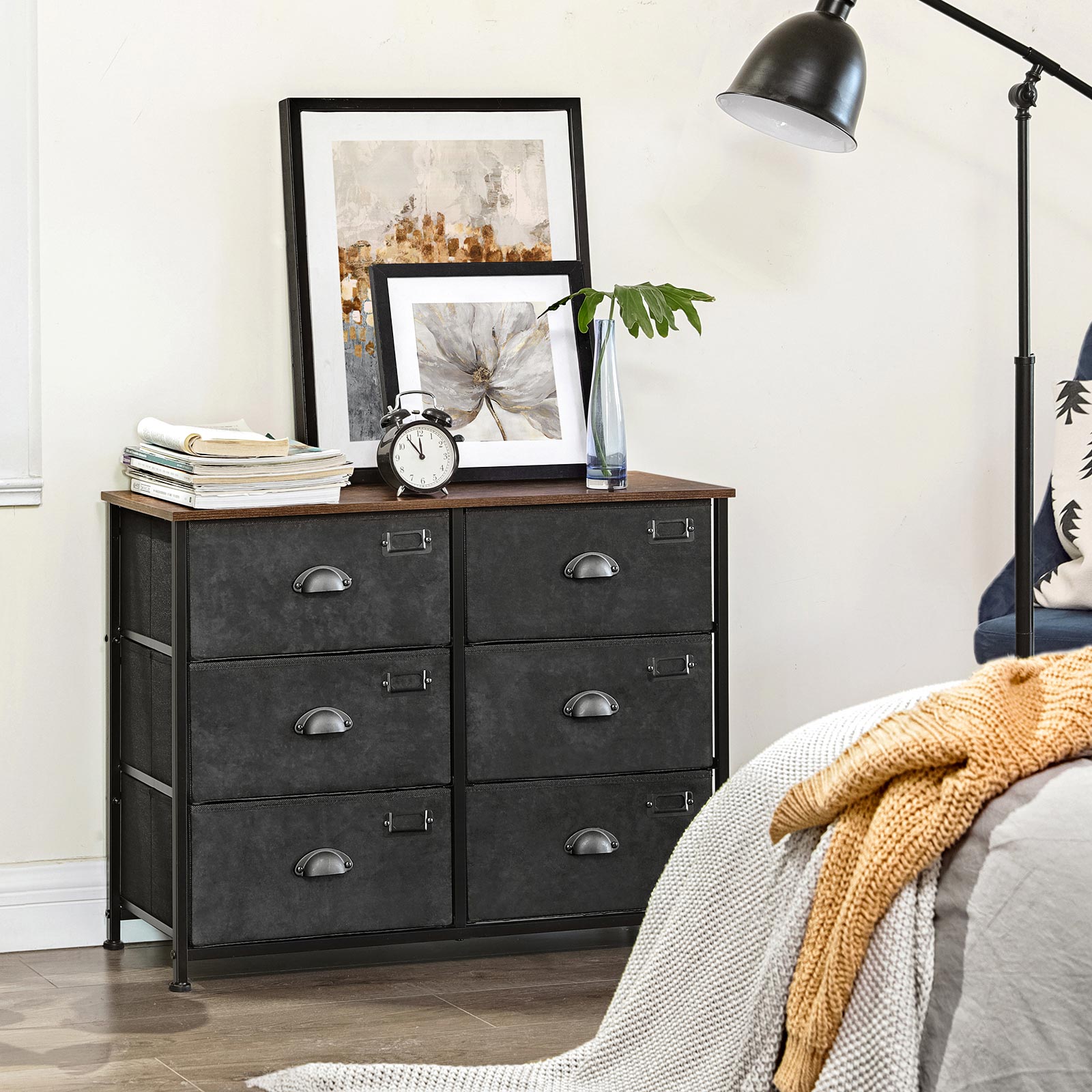 Wide Storage Dresser – Fabric and Metal – Rustic Brown and Black – 6 Drawers, Industrial Style