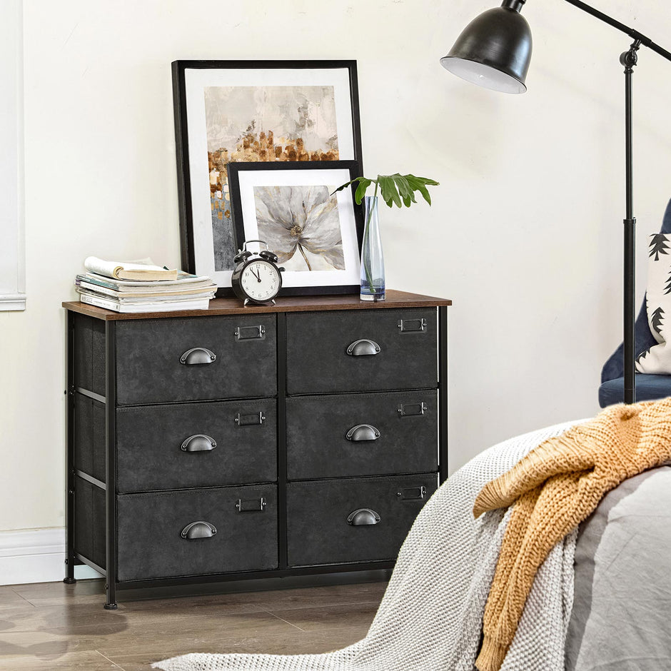 Wide Storage Dresser – Fabric and Metal – Rustic Brown and Black – 6 Drawers, Industrial Style