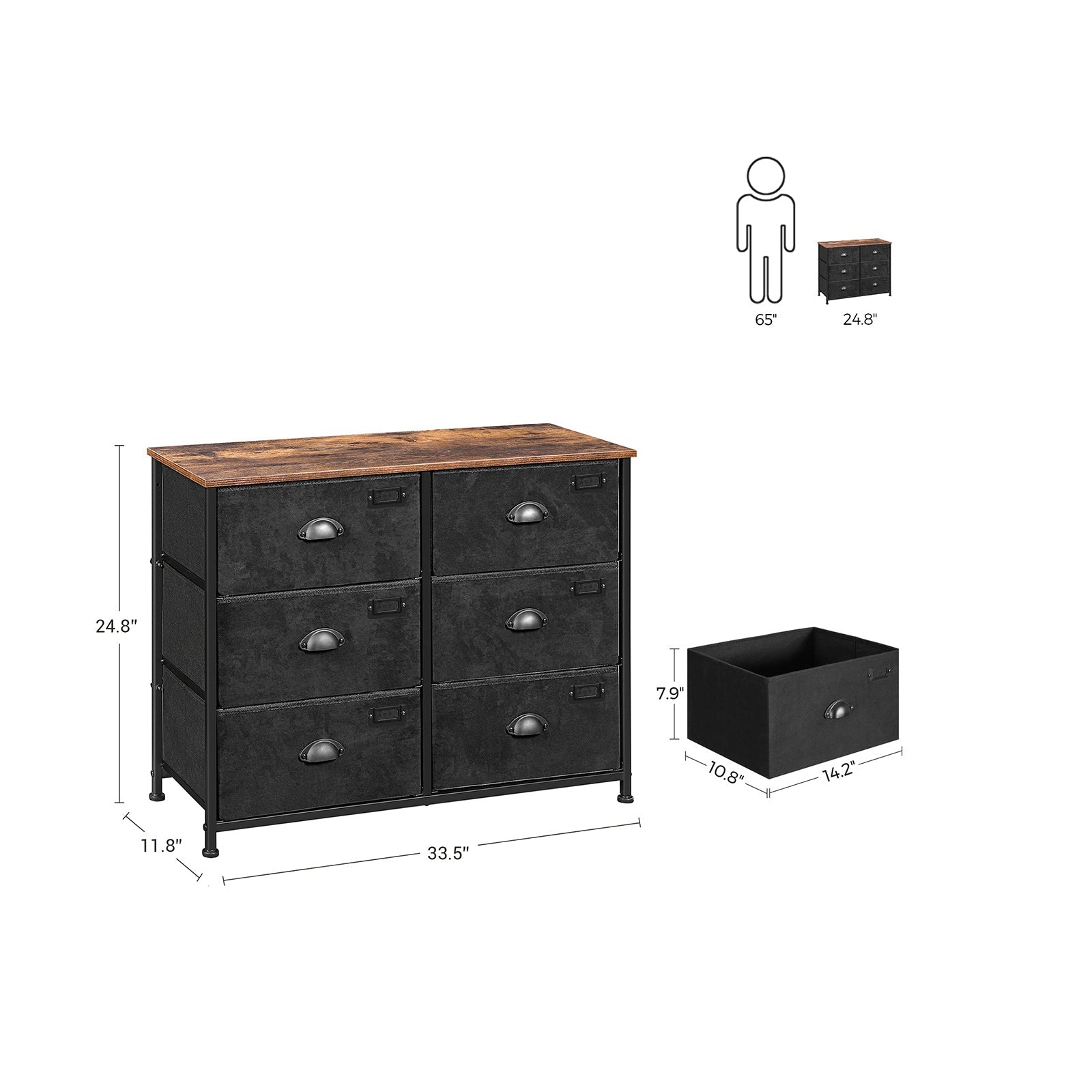 Wide Storage Dresser – Fabric and Metal – Rustic Brown and Black – 6 Drawers, Industrial Style
