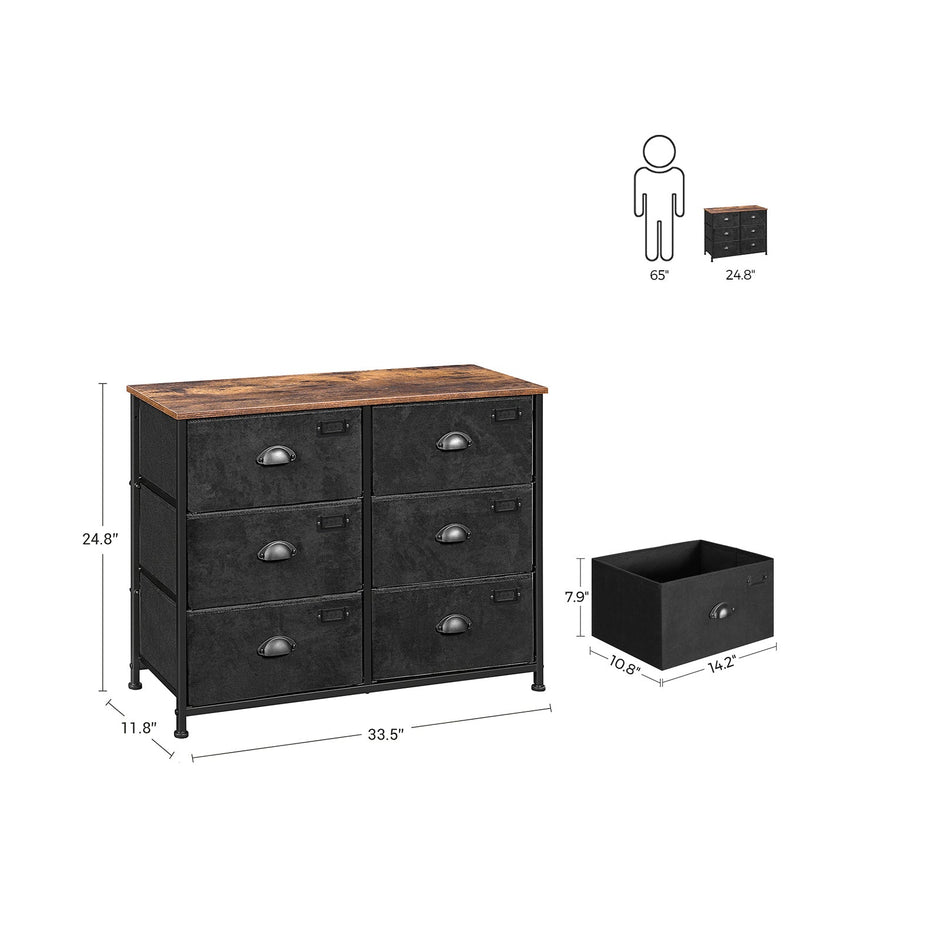 Wide Storage Dresser – Fabric and Metal – Rustic Brown and Black – 6 Drawers, Industrial Style