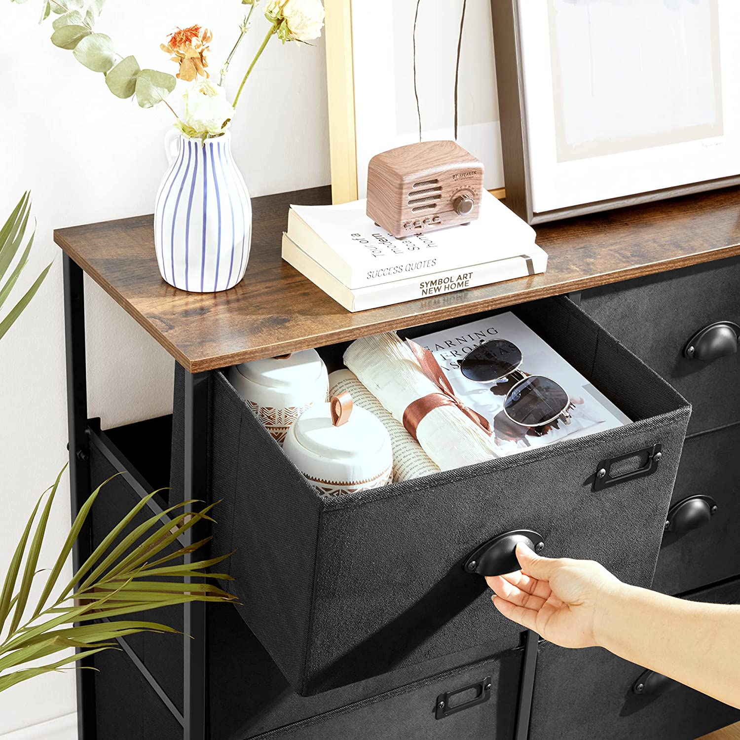 Dresser Unit – Fabric – Rustic Brown and Black – 8 Drawer Storage Cabinet