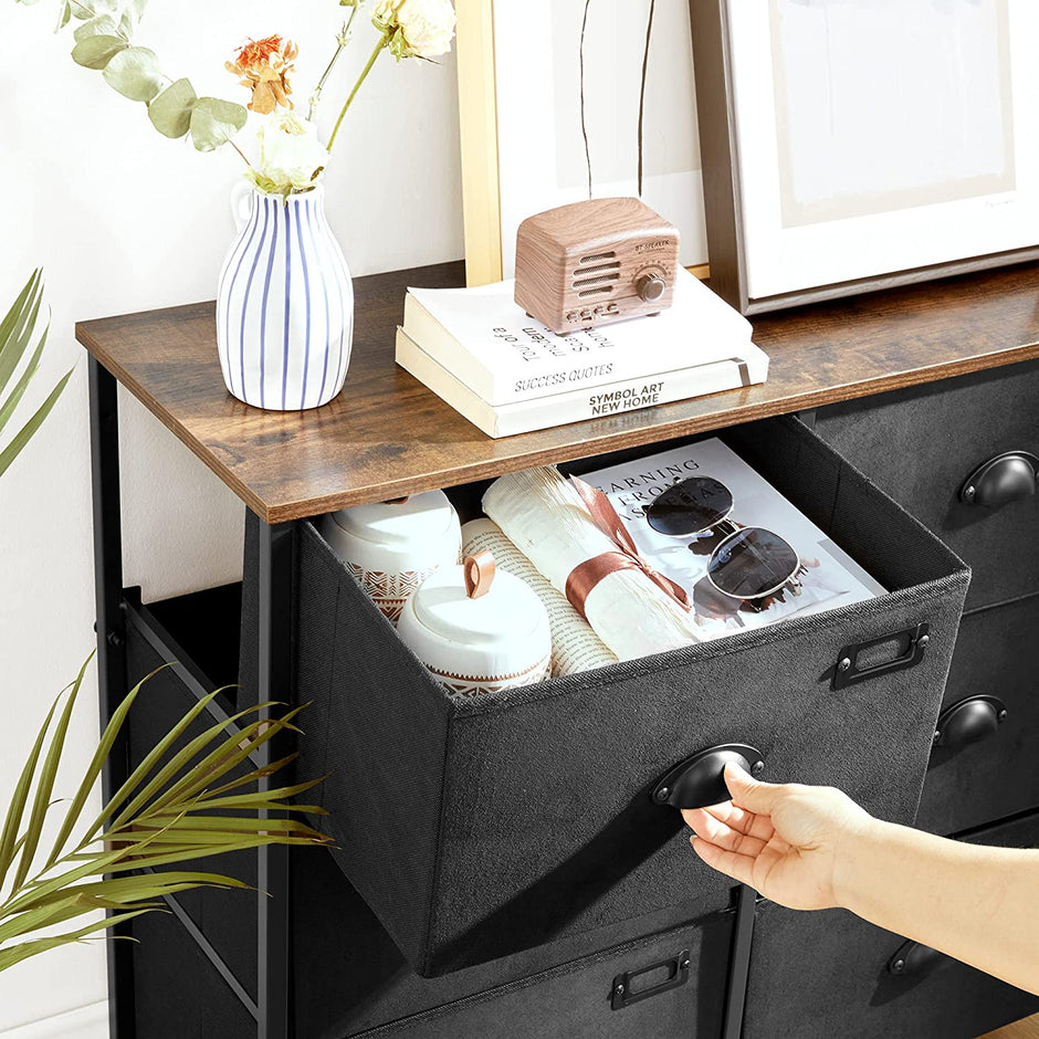 Dresser Unit – Fabric – Rustic Brown and Black – 8 Drawer Storage Cabinet
