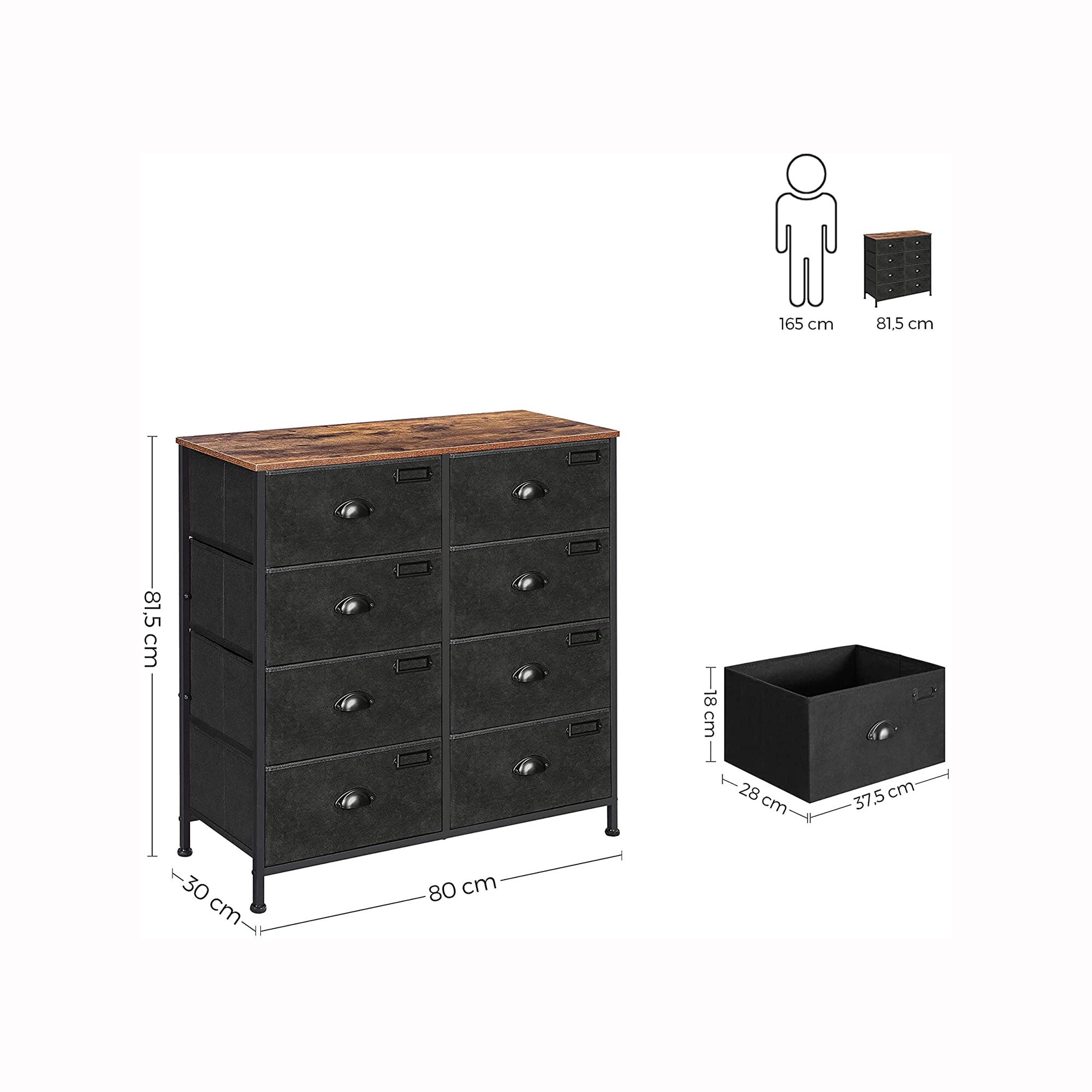 Dresser Unit – Fabric – Rustic Brown and Black – 8 Drawer Storage Cabinet