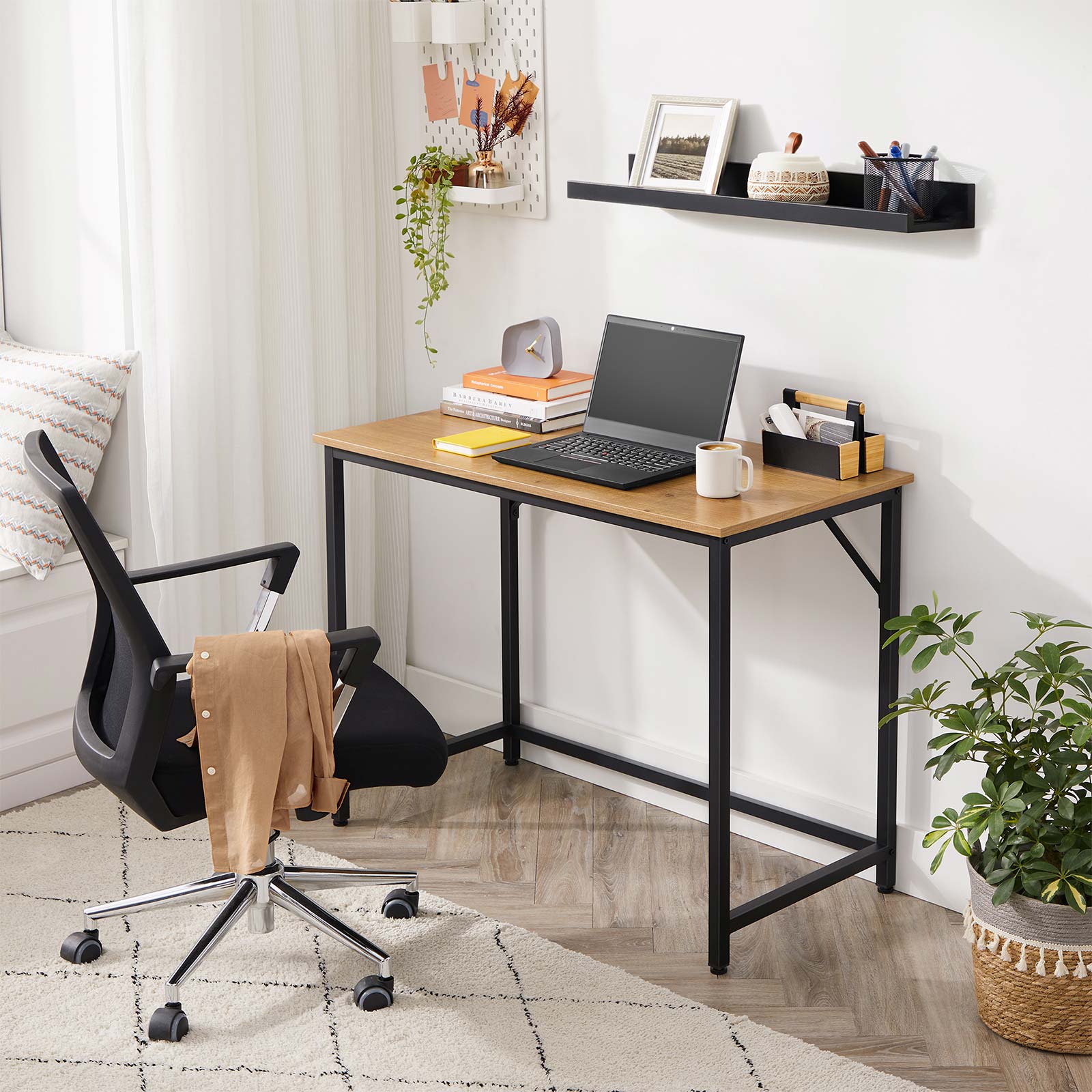 Writing Desk – Steel – Hazelnut Brown and Black – Industrial Design, Simple Assembly