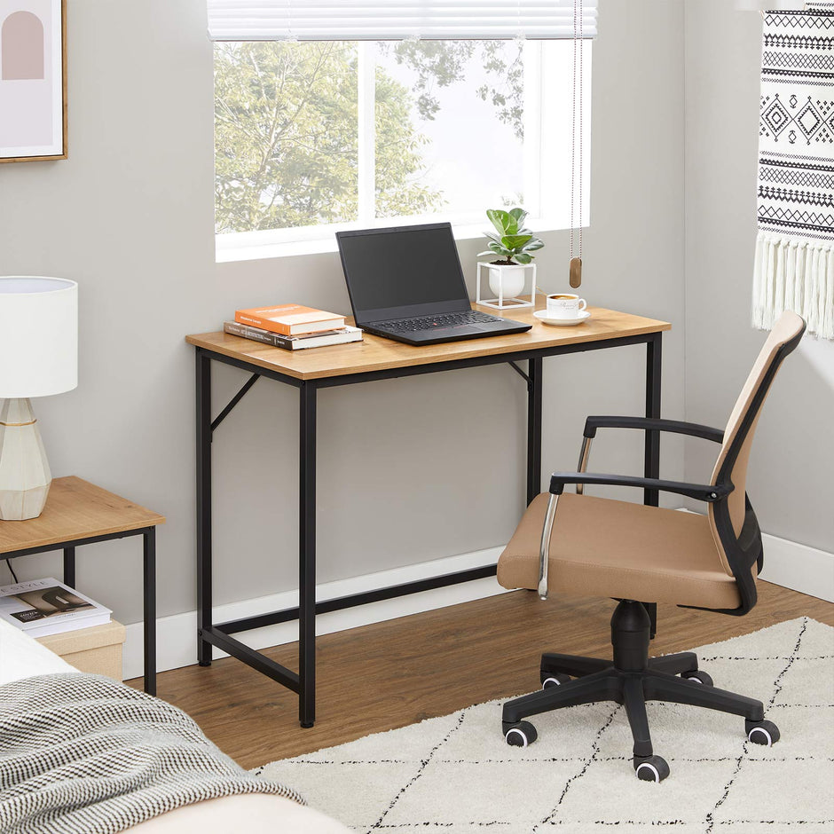 Writing Desk – Steel – Hazelnut Brown and Black – Industrial Design, Simple Assembly