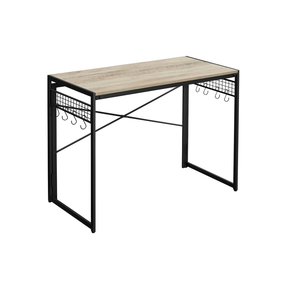 Folding Writing Desk – Wood and Metal – Greige and Black – No Tools Required, 8 Hooks
