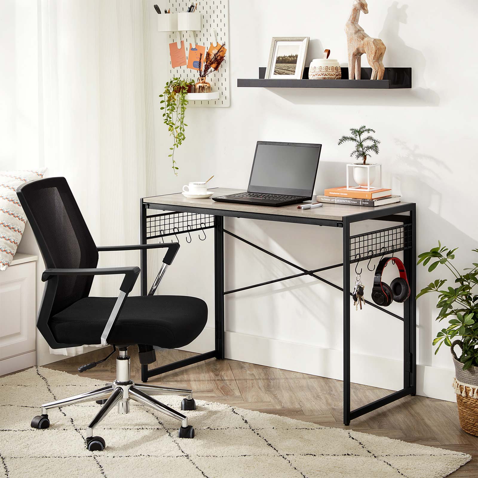 Folding Writing Desk – Wood and Metal – Greige and Black – No Tools Required, 8 Hooks